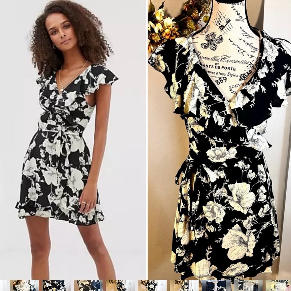 Free People Black and White Ruffled Wrap Mini Dress size small s